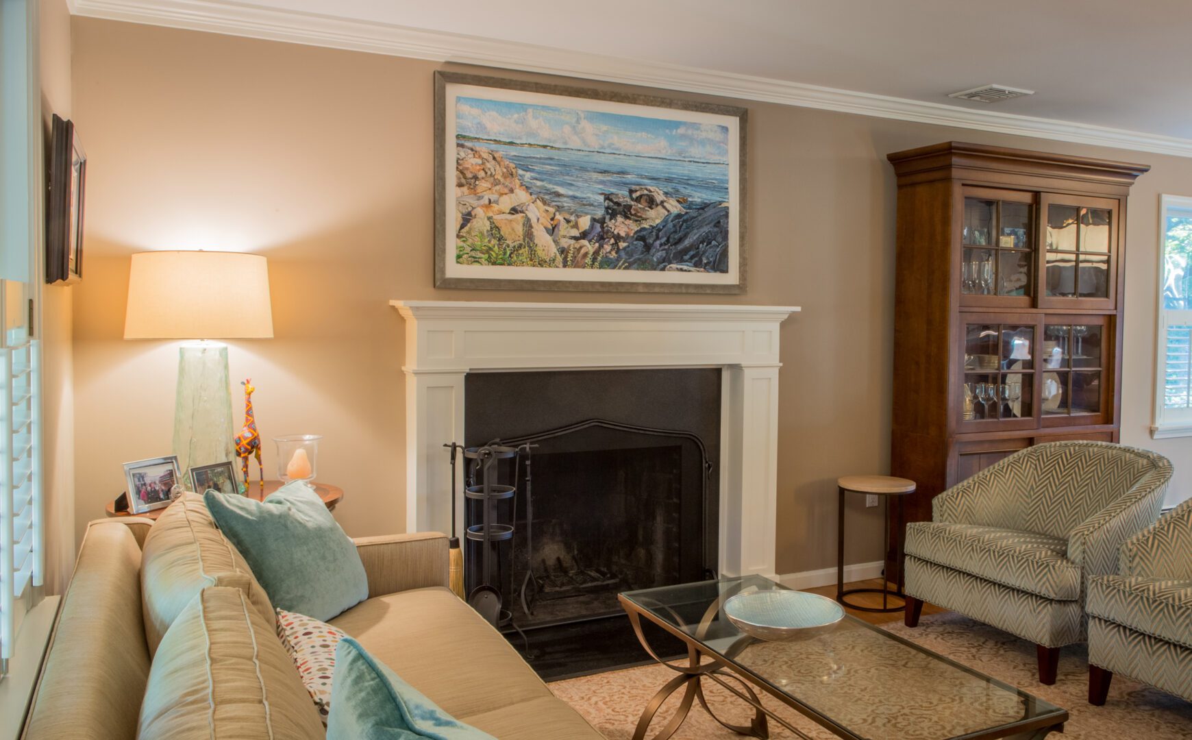 Marblehead Harbor painting, installed, private residence.