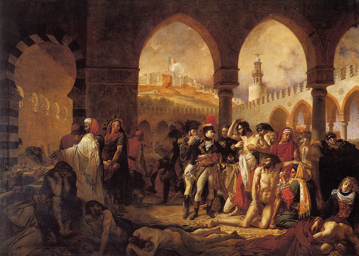 A painting of a group of people in a courtyard.