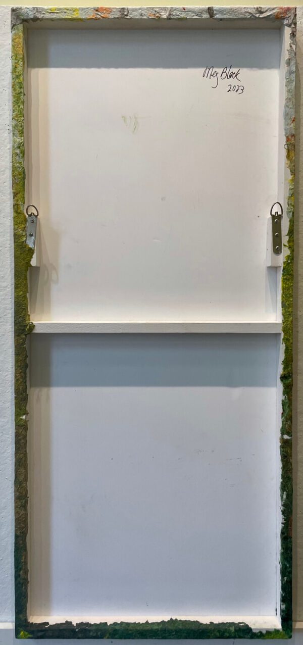 A white frame with the Early Spring Morning, Birch Trees 45 x 20 x 3 inches painting on it.