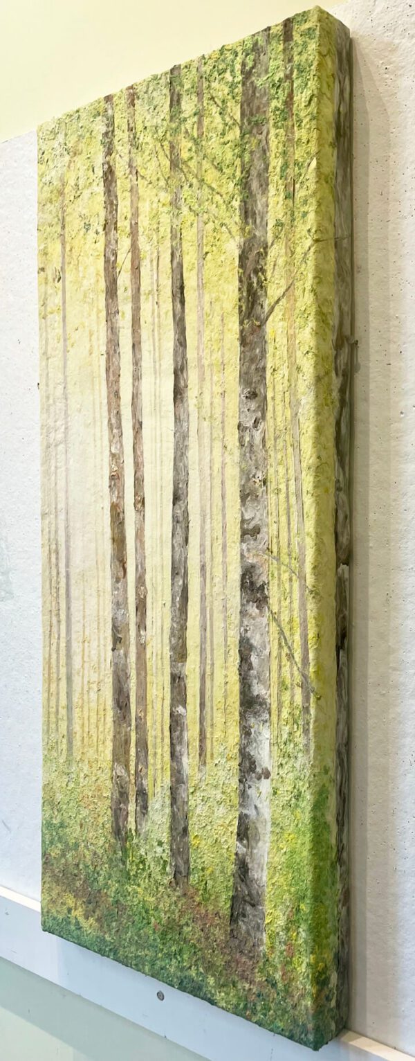 A painting of Early Spring Morning, Birch Trees 45 x 20 x 3 inches hanging on a wall.