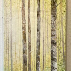A painting of Early Spring Morning, Birch Trees 45 x 20 x 3 inches in the woods.