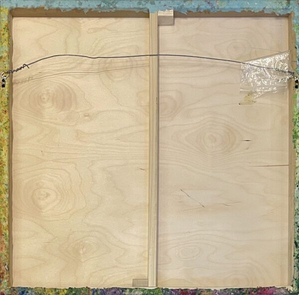 A painting of Field of Larkspur, 30 x 30 x 2 inches with a wire hanging from it.