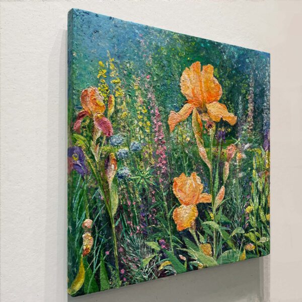 Orange Irises, 30 x 30 x 2 inches, pulp painting. - Image 4