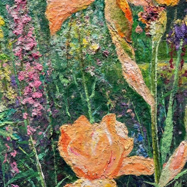 Orange Irises, 30 x 30 x 2 inches, pulp painting. - Image 3
