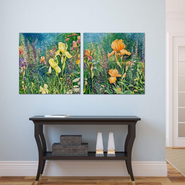 Yellow Irises, 30 x 30 x 2 inches, pulp painting. - Image 4