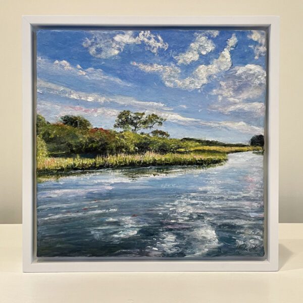 Morning on the Marsh, 13 x 13 x 2 inches, white floater frame.