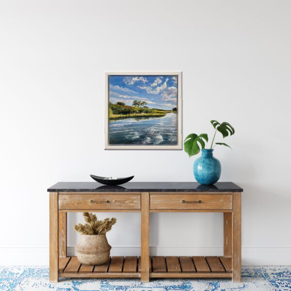 Morning on the Marsh, 13 x 13 x 2 inches, white floater frame. - Image 3