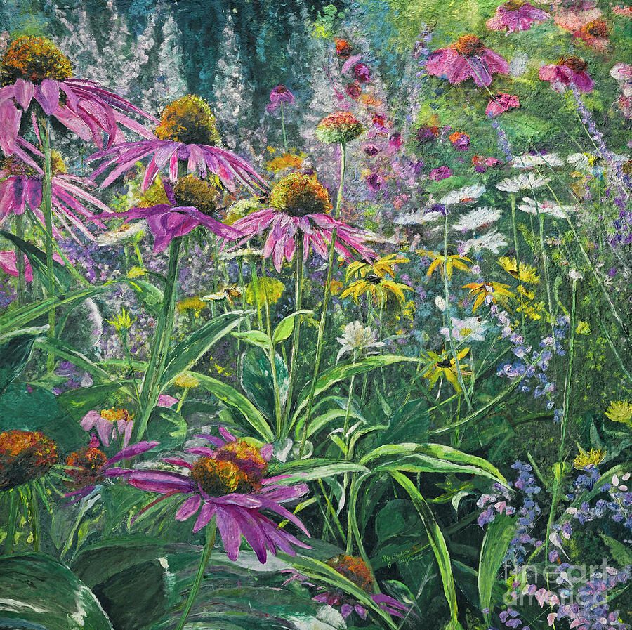 Painting of pink flowers on a wall.